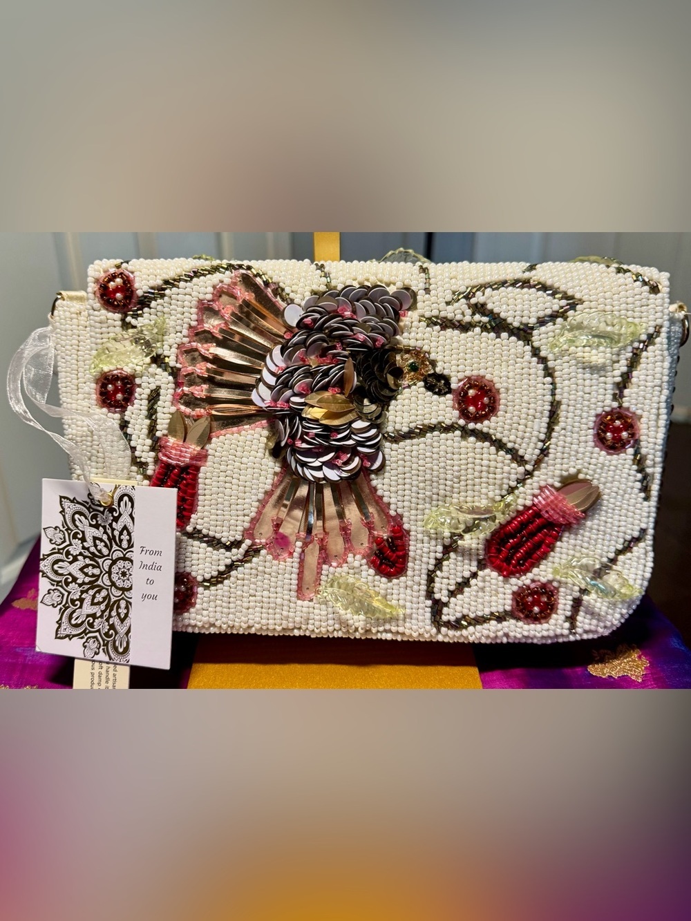 NWT Handcrafted in India Beaded Hummingbird Flap Shoulder Bag